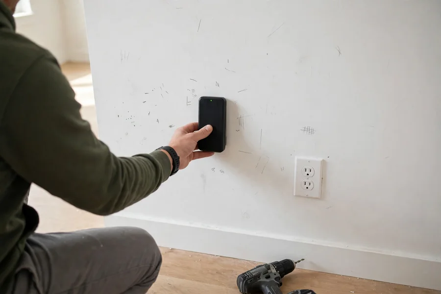 Stud finder held against a wall before cutting