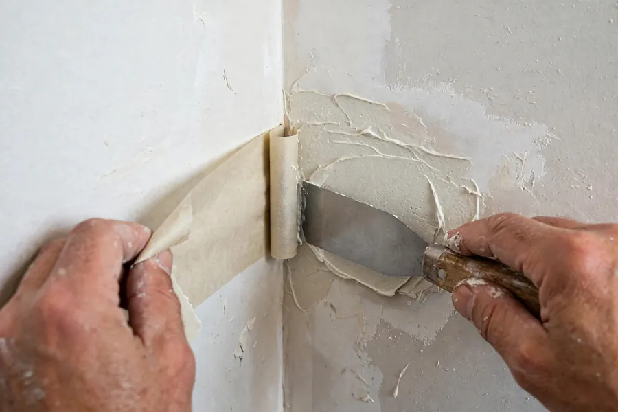 Paper tape pressed into an inside corner