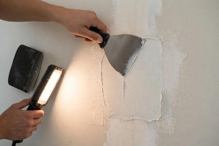 Wide knife feathering a final coat over a patch