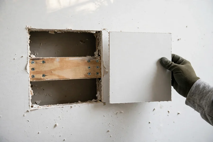 Plywood backing behind a square drywall hole