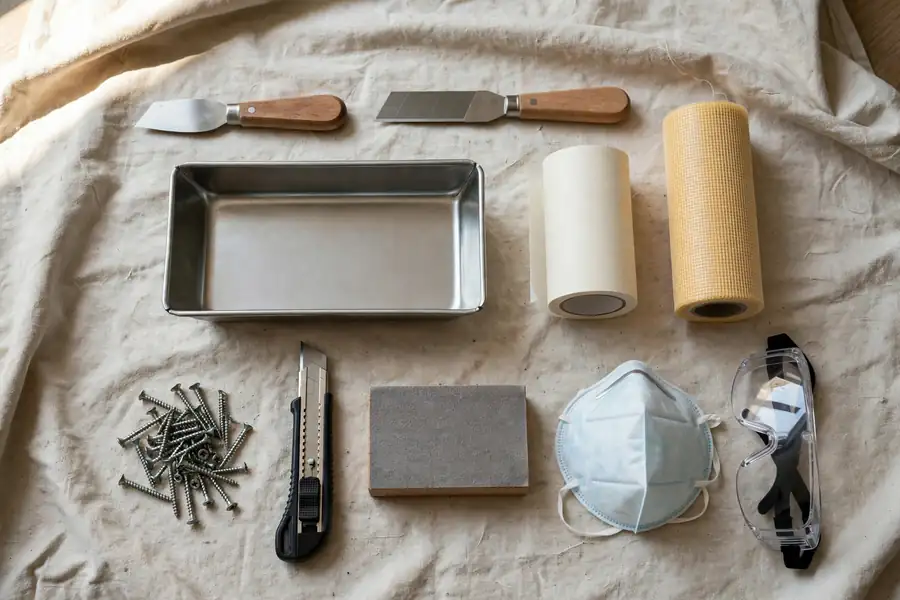 Drywall repair tools laid out on a drop cloth