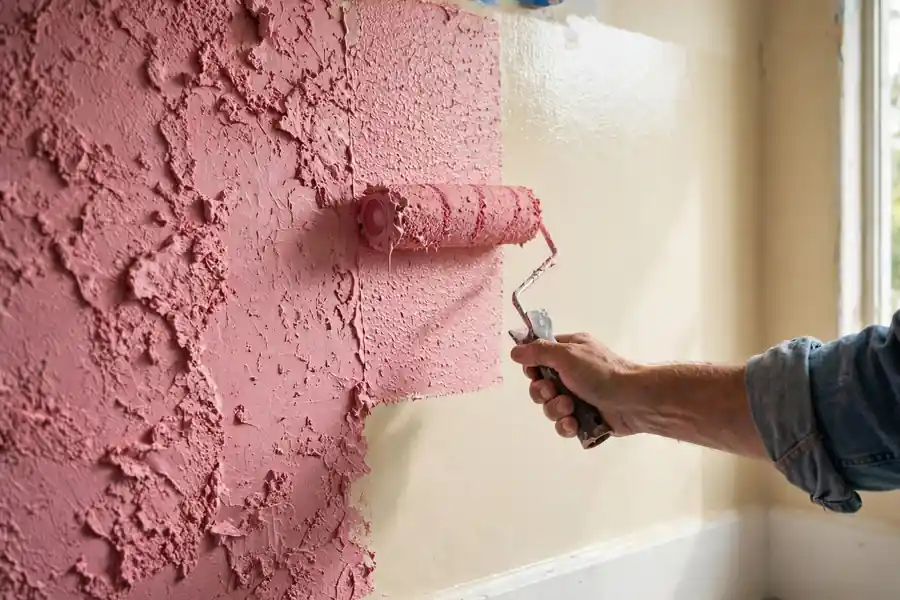 Hand rolling pink bonding agent onto a glossy painted wall