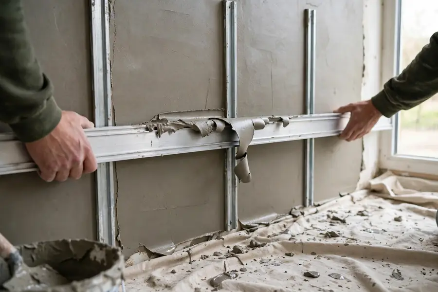 Ruling a brown coat of plaster flat with a straightedge