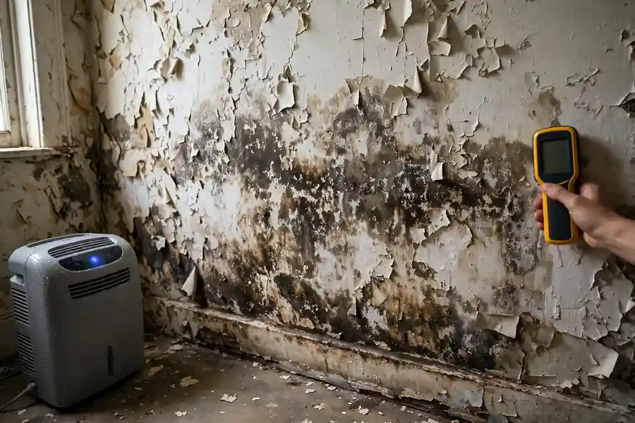 Moisture meter held against a damp stained wall with peeling paint beside a dehumidifier