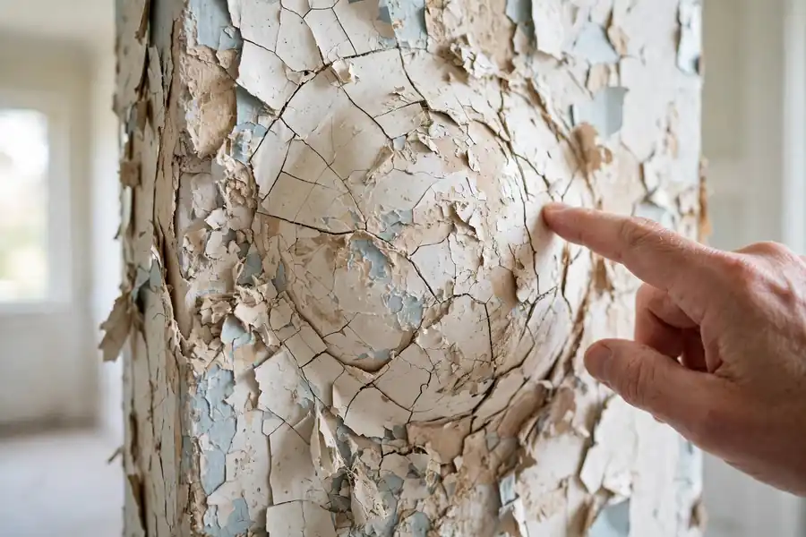 Cracked and bulging plaster with peeling paint being pressed by hand