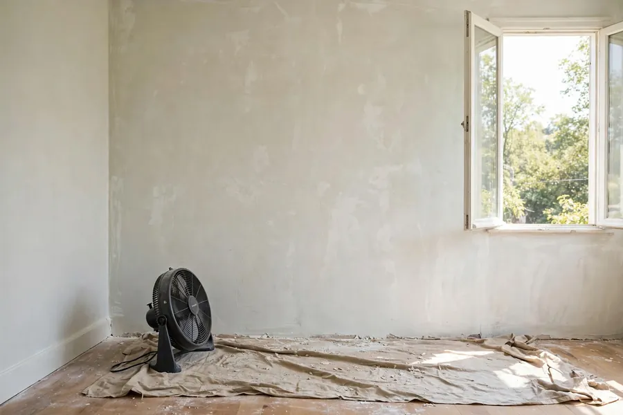 Newly plastered wall drying beside an open window with a fan and a drop cloth