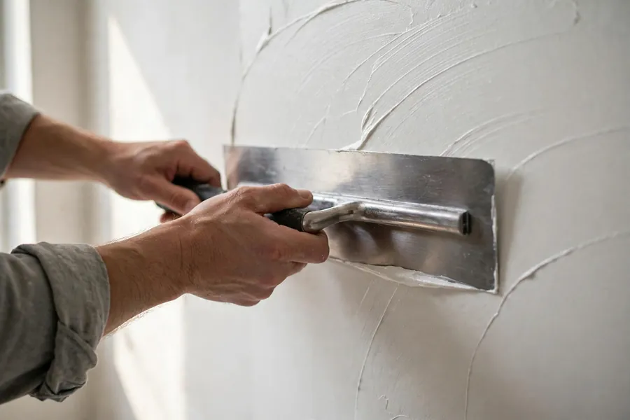 Smoothing a thin white finish coat with a steel trowel
