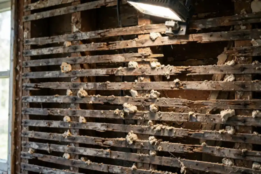 Exposed wooden lath strips with old plaster keys after stripping