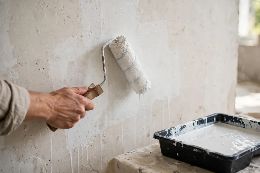 Paint roller applying a thin mist coat to new plaster with the plaster showing through