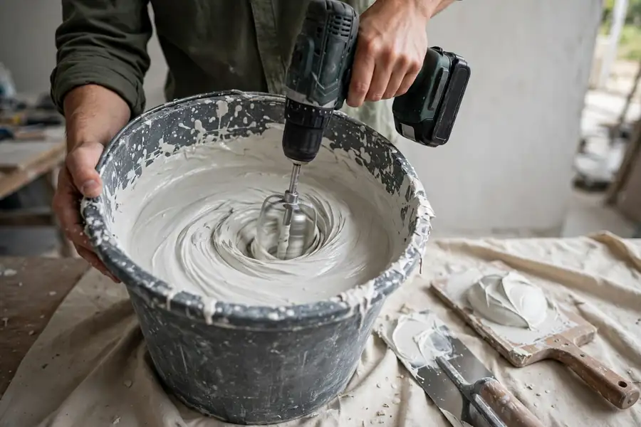 Mixing fresh plaster in a bucket with a paddle mixer