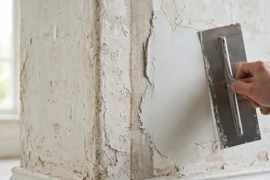 Hand smoothing fresh plaster over mesh tape at the edge of a partial wall repair