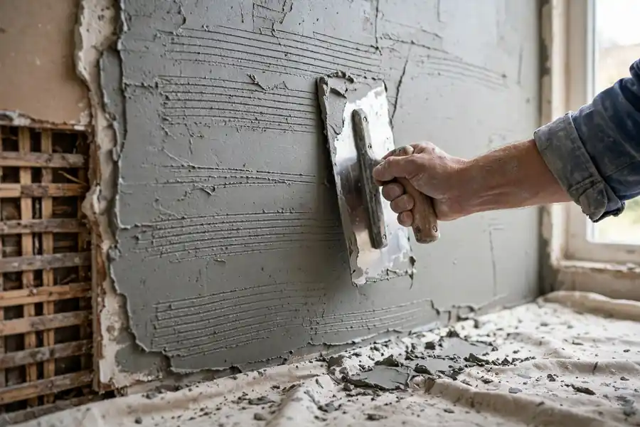 Troweling a scratch coat with combed key lines on a wall