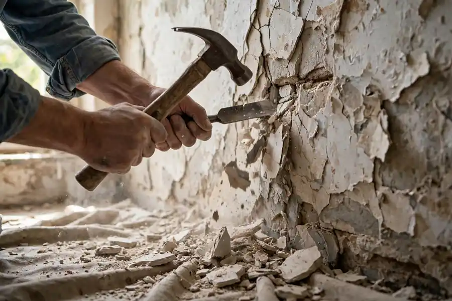 Hands stripping failed plaster from a wall with a chisel and hammer