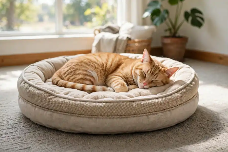 Pet resting on its bed in a carpeted room