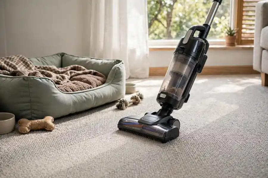 Pet bed and carpet being vacuumed for flea control