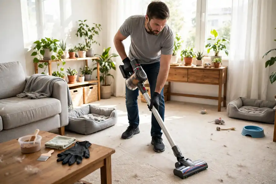 Person vacuuming carpet daily during flea treatment