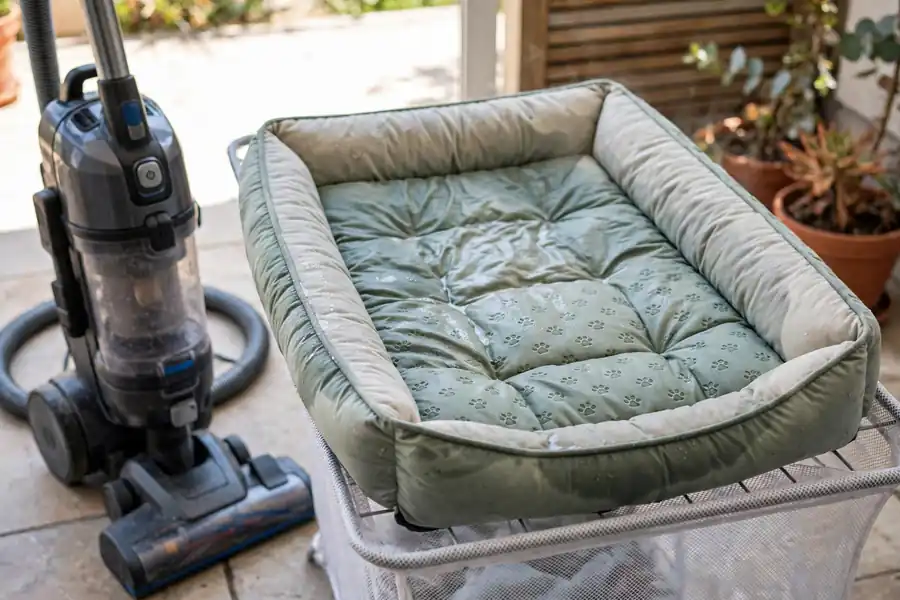 Vacuum and hot-washed pet bedding for flea treatment