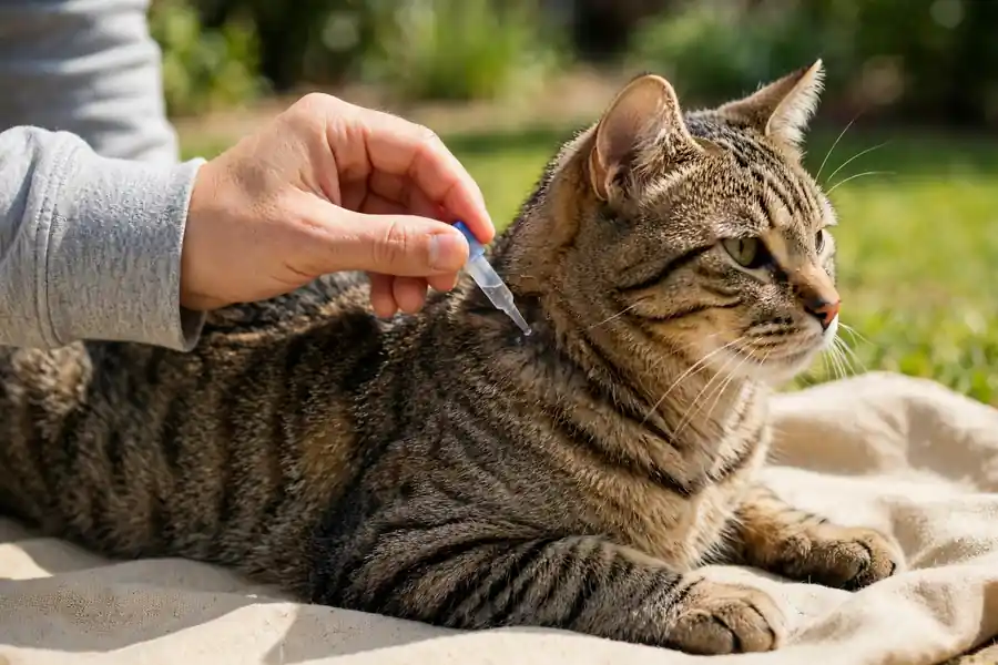 Vet-approved flea product being applied safely to a cat