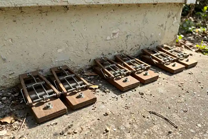 Snap traps set in pairs against a wall