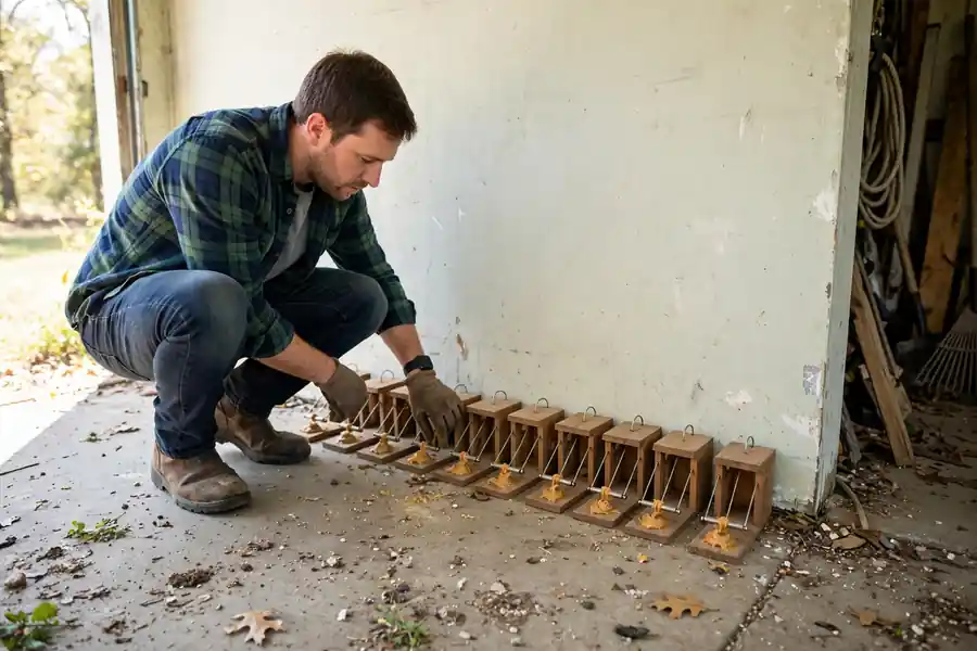 Person checking baited mouse traps along a wall