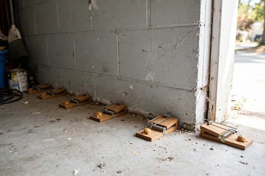 Mouse traps set along a garage wall