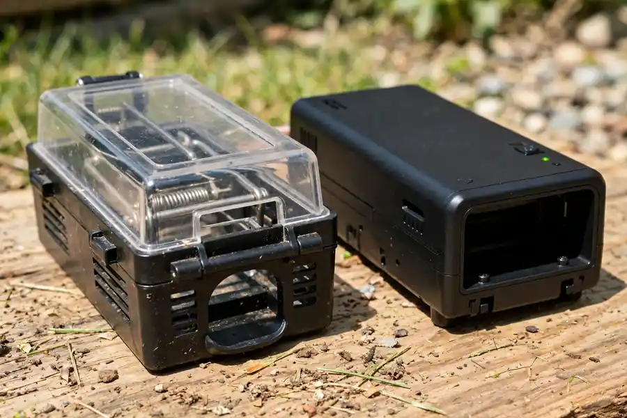 Enclosed snap mouse trap and electronic mouse trap