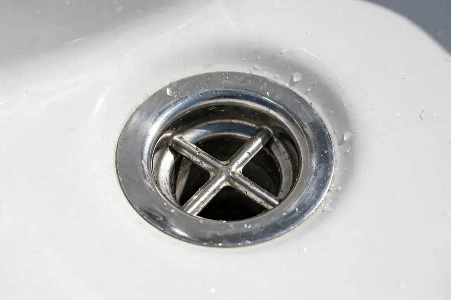 Close-up of a bathroom sink drain opening