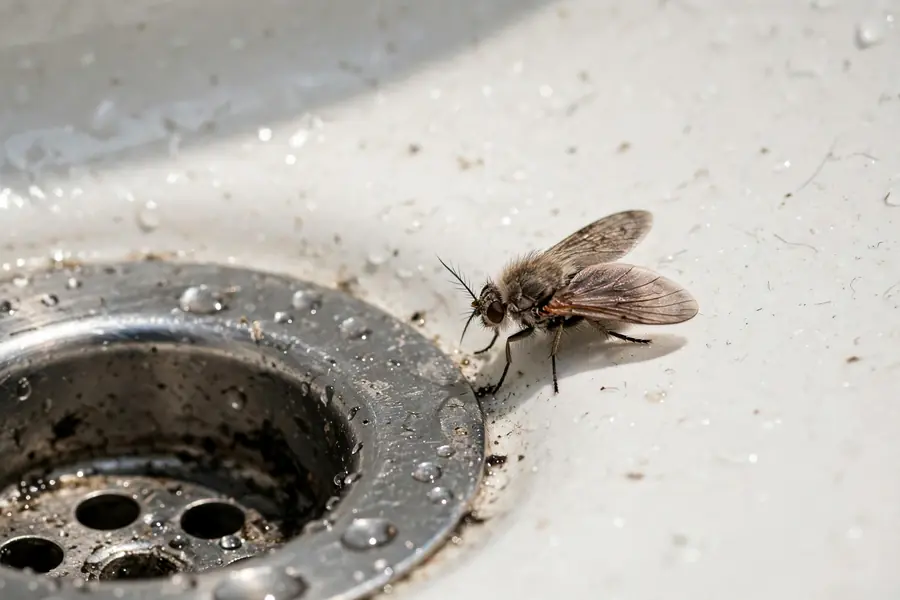 Close-up of a small drain fly near a bathroom sink drain