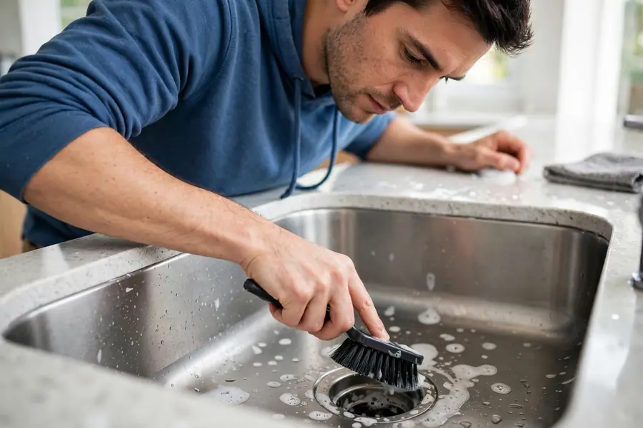 Person scrubbing a sink drain opening with a stiff brush