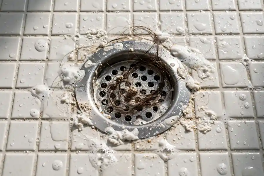 Shower drain with hair and soap residue