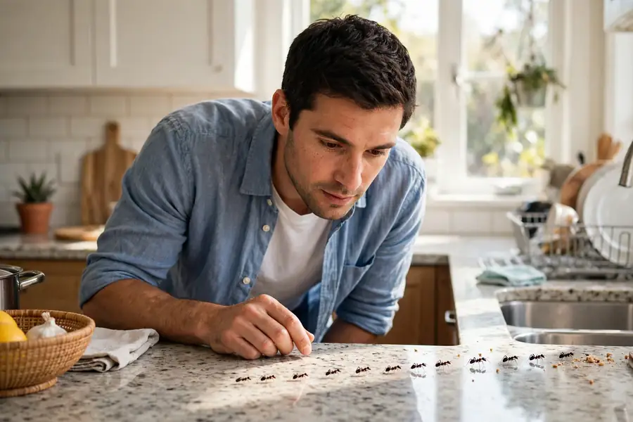 Person watching an ant trail in a kitchen