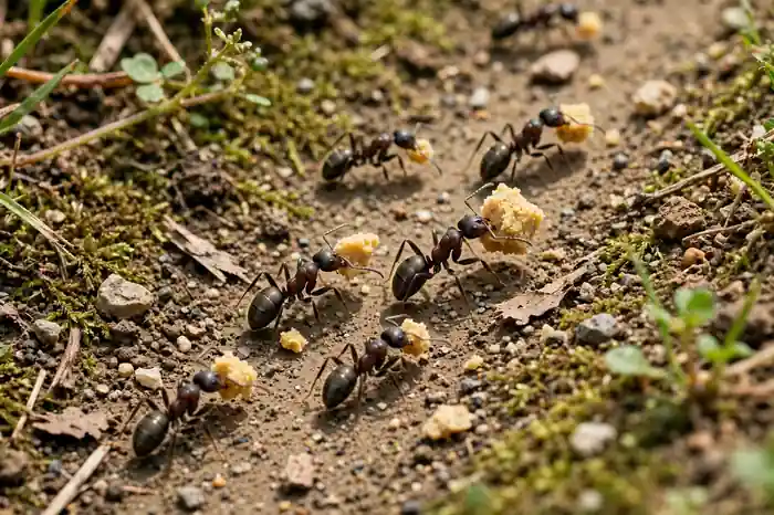 Ants carrying bait along a trail
