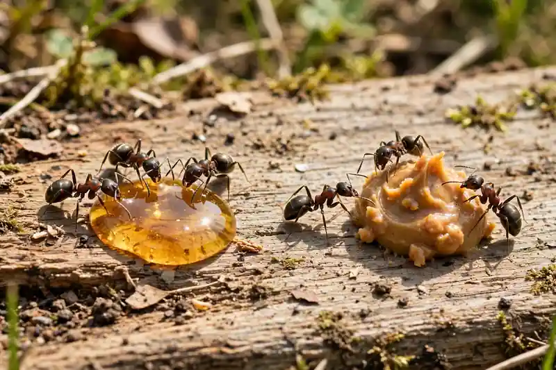 Ants choosing between a drop of honey and peanut butter