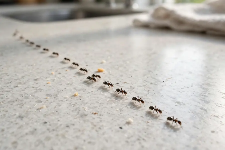 Small ant trail on a kitchen counter