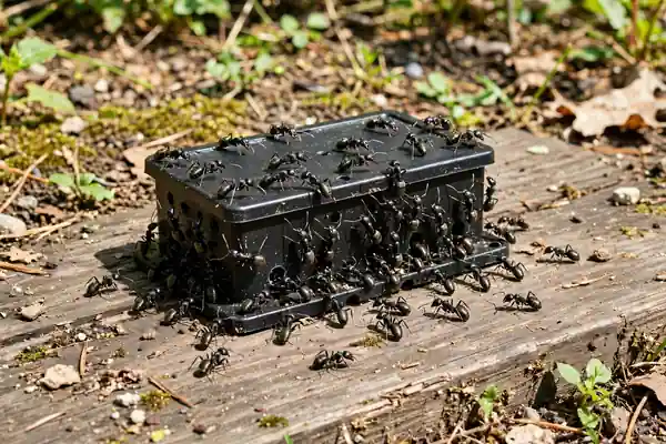 Carpenter ants swarming a bait station