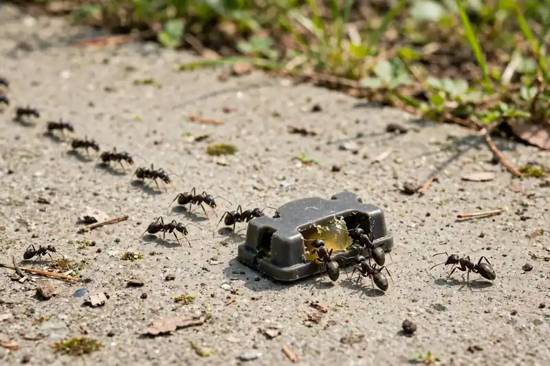 Ant bait placed beside a carpenter ant trail