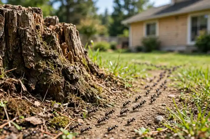 Carpenter ants trailing from an outdoor stump toward a house