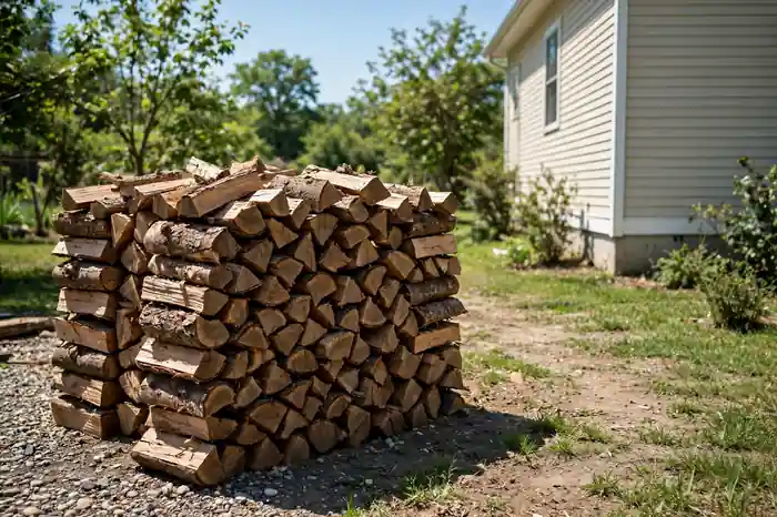 Firewood stacked away from a house wall
