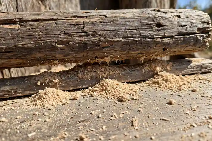 Sawdust-like frass below a wooden beam