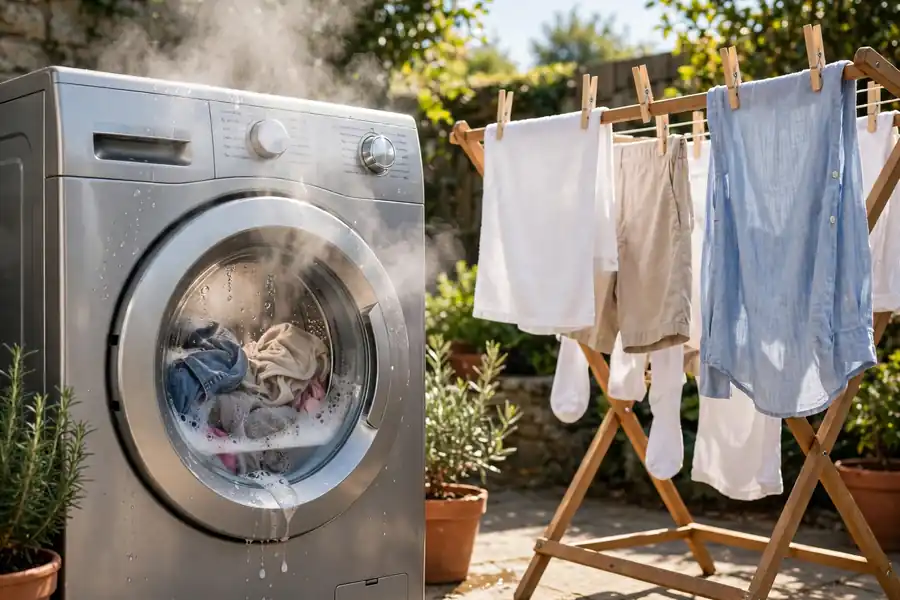 Clothes being hot washed and dried