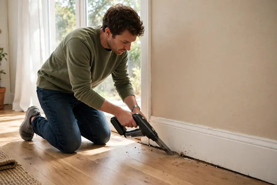 Person vacuuming cracks and baseboards
