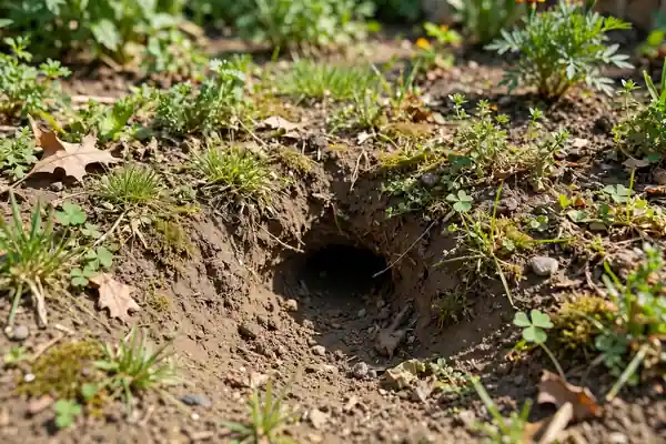 Small chipmunk burrow entrance in a garden