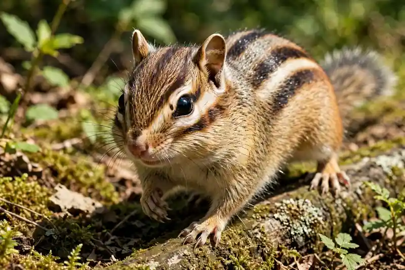 Chipmunk with stripes running onto its face