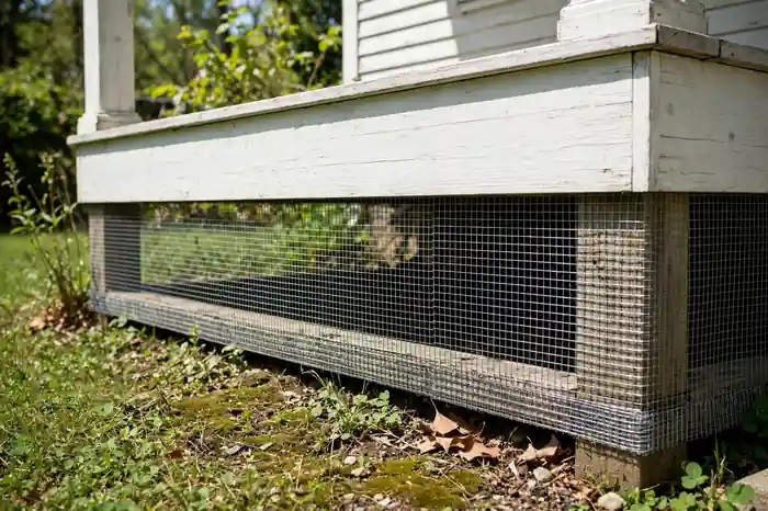 Hardware cloth screening at the base of a porch