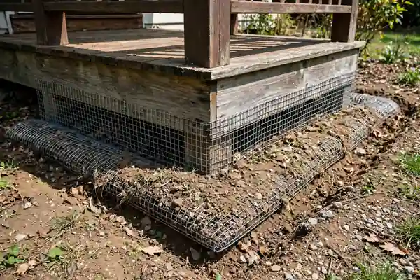 Porch base sealed with hardware cloth buried outward