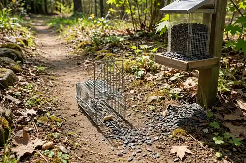 Live trap set on a chipmunk runway near a bird feeder