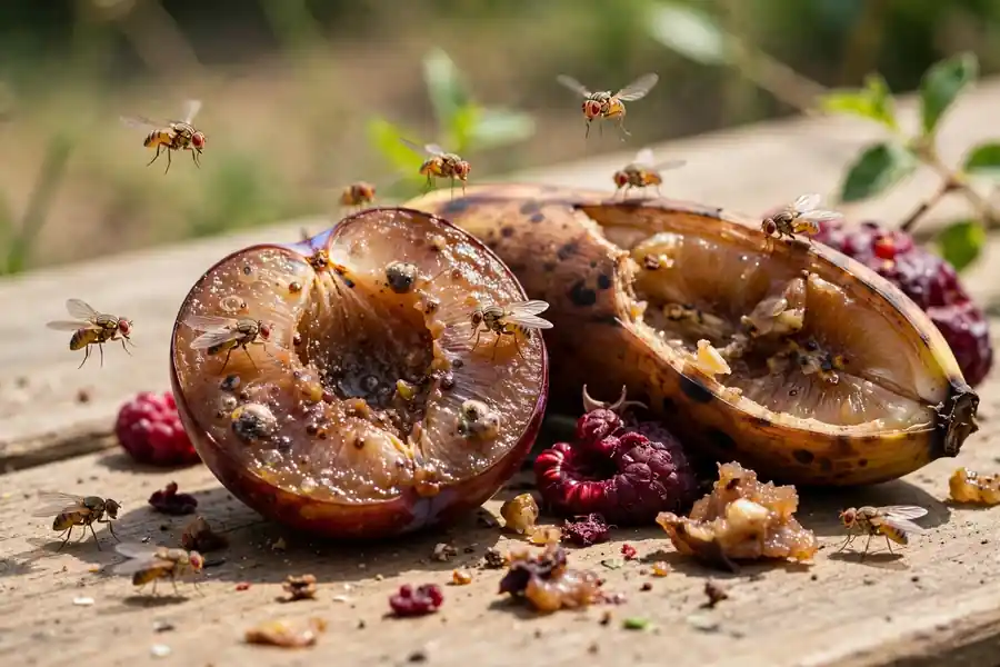 Fruit flies near fermenting fruit