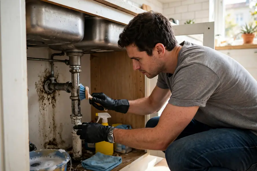 Person scrubbing a kitchen drain pipe wall