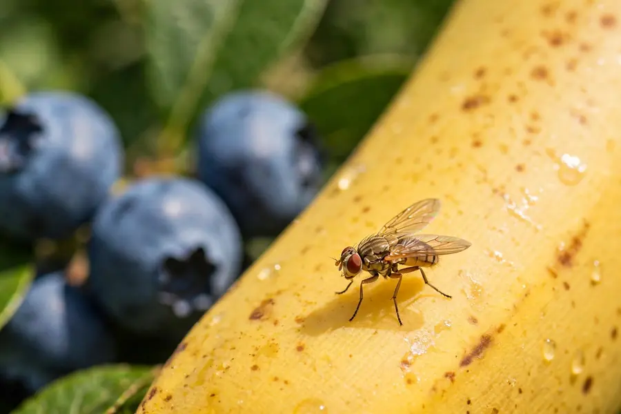 Small tan fruit fly near fruit