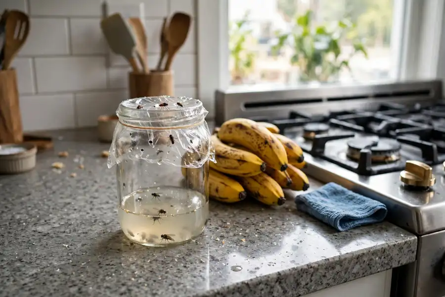 Small fruit fly trap set near a kitchen hot spot